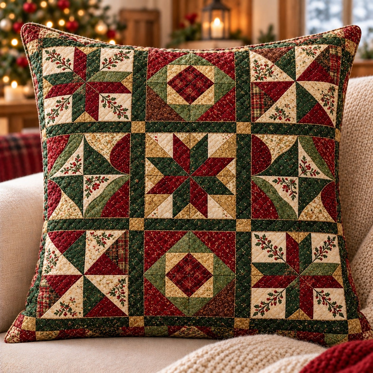 Christmas Patchwork Quilted Throw Pillow, AI-generated front mockup