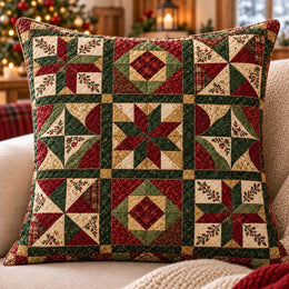 Christmas Patchwork Quilted Throw Pillow, Red and Green Holiday Decor, Cozy Home Gift