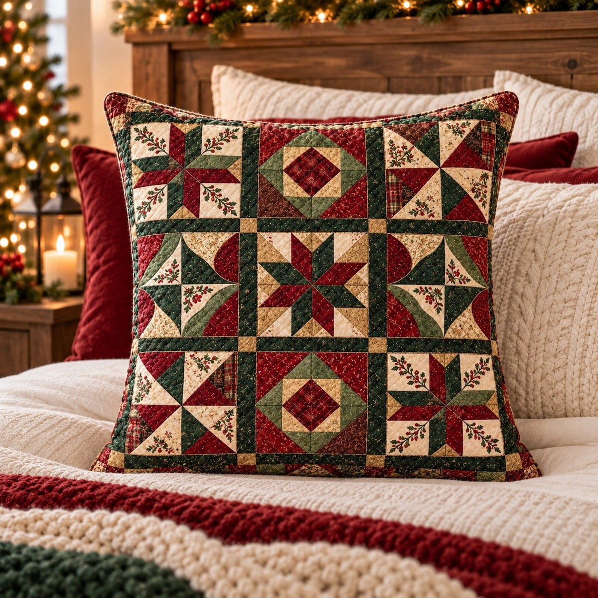 Christmas Patchwork Quilted Throw Pillow, AI-generated styled room mockup