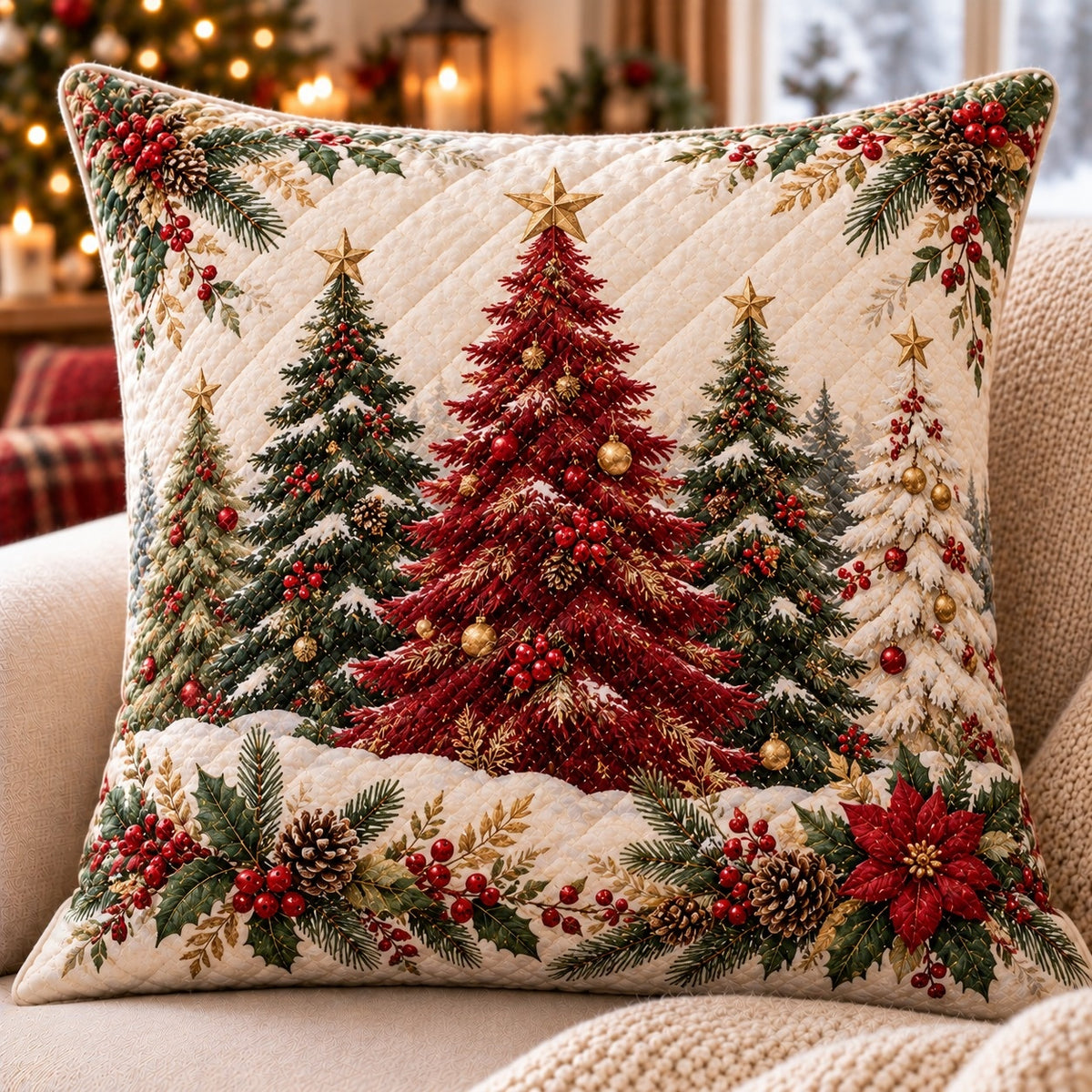 Red and Green Christmas Trees Quilted Throw Pillow, AI-generated front mockup
