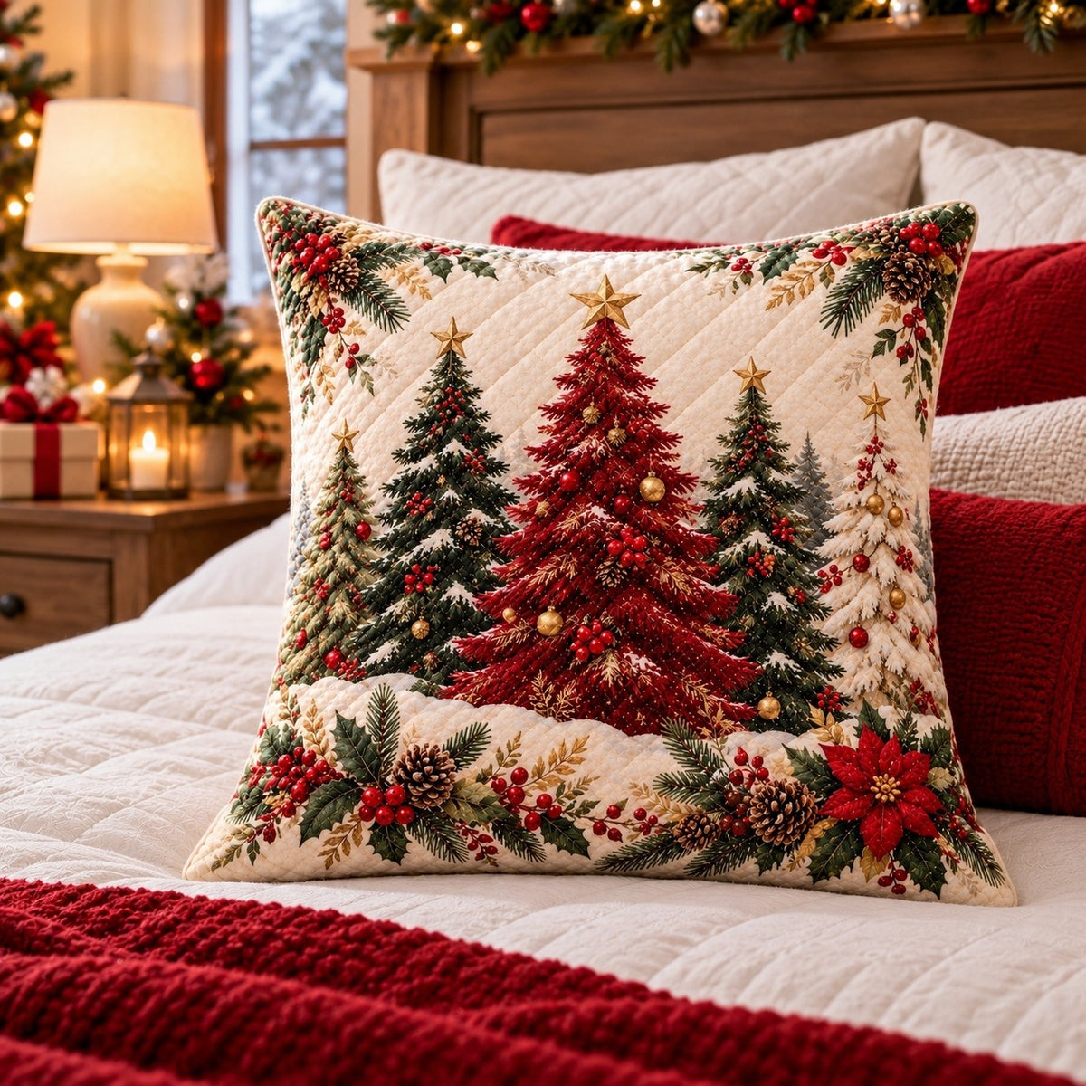 Red and Green Christmas Trees Quilted Throw Pillow, AI-generated styled room mockup