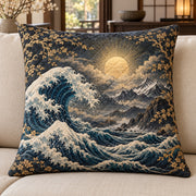 Ocean Wave and Moon Quilted Throw Pillow, AI-generated front mockup