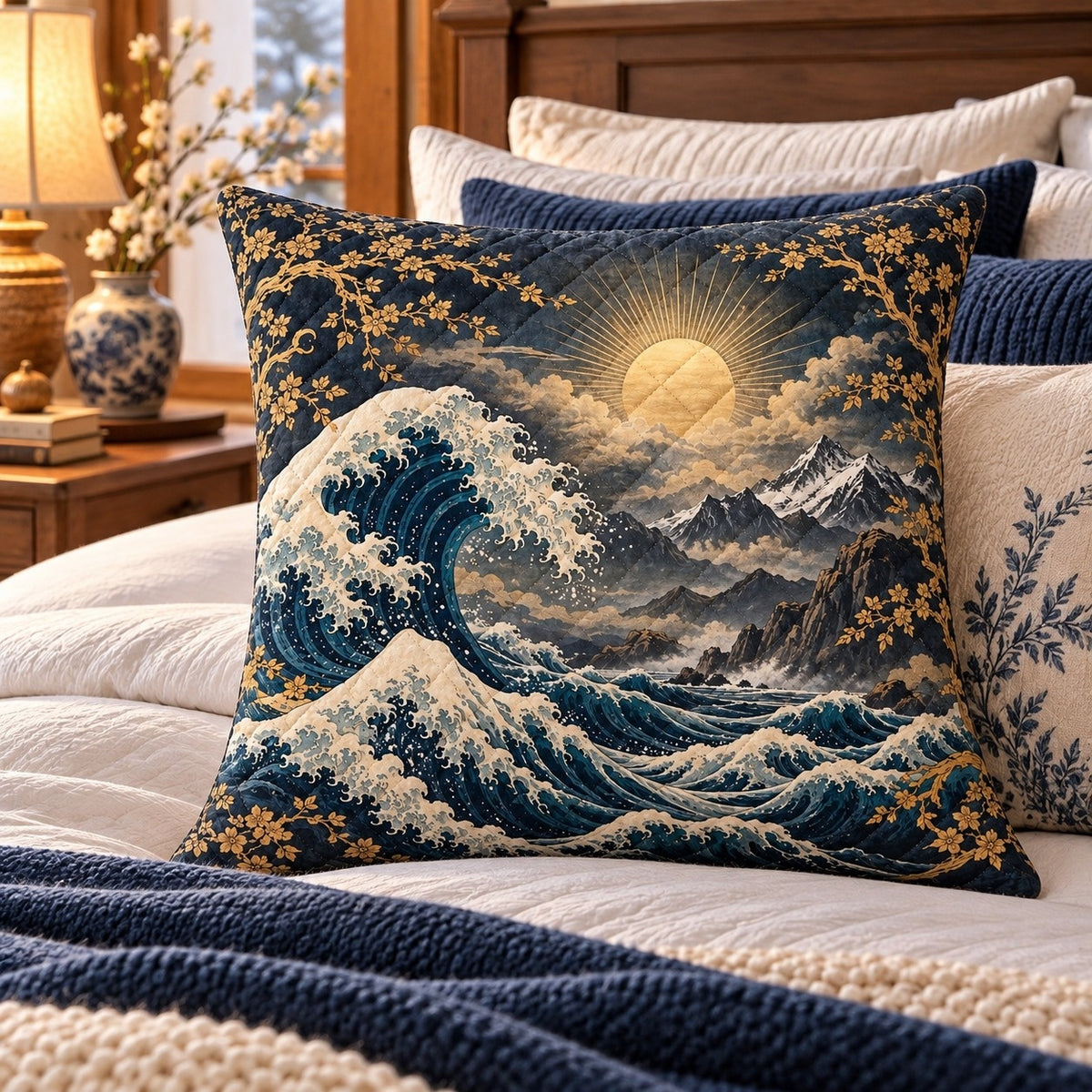 Ocean Wave and Moon Quilted Throw Pillow, AI-generated styled room mockup