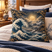 Ocean Wave and Moon Quilted Throw Pillow, AI-generated styled room mockup