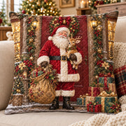 Santa at the Door Quilted Throw Pillow, AI-generated front mockup