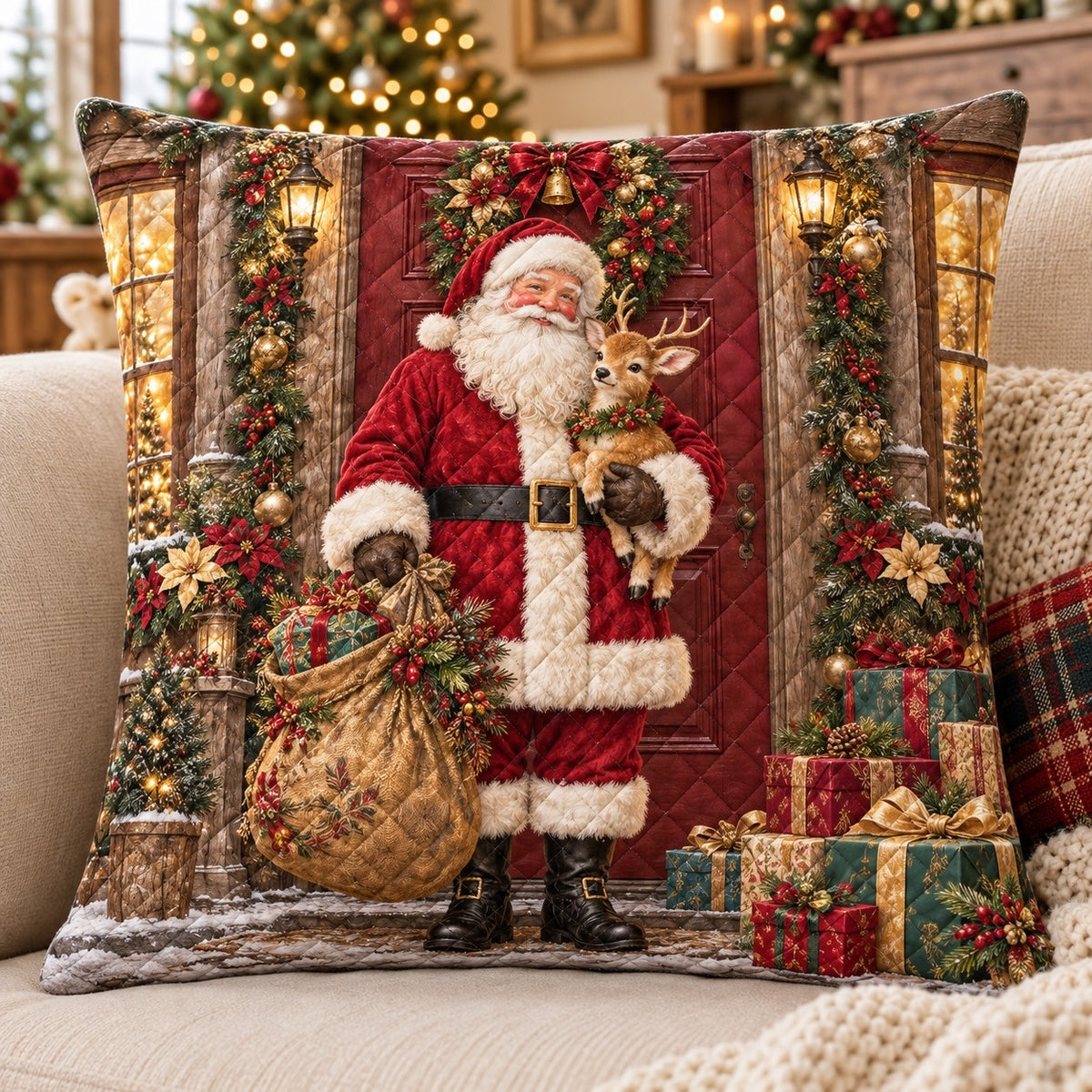 Santa at the Door Quilted Throw Pillow, AI-generated front mockup