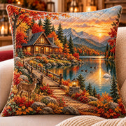 Autumn Lakeside Cabin Quilted Throw Pillow, AI-generated front mockup