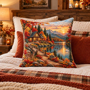 Autumn Lakeside Cabin Quilted Throw Pillow, AI-generated styled room mockup