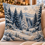 Snowy Pine Forest Quilted Throw Pillow, AI-generated front mockup