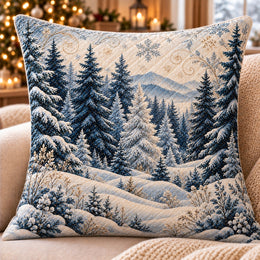 Snowy Pine Forest Quilted Throw Pillow, Blue Winter Decor, Gift for Nature Lovers