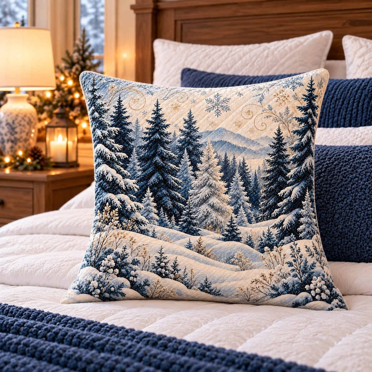 Snowy Pine Forest Quilted Throw Pillow, AI-generated styled room mockup