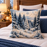 Snowy Pine Forest Quilted Throw Pillow, AI-generated styled room mockup