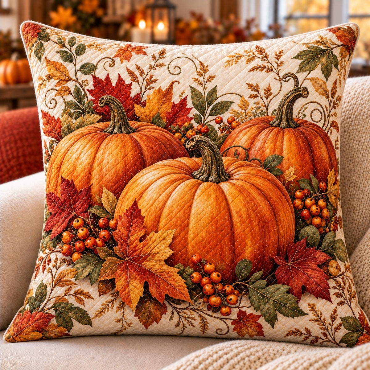 Autumn Pumpkin Quilted Throw Pillow, AI-generated front mockup