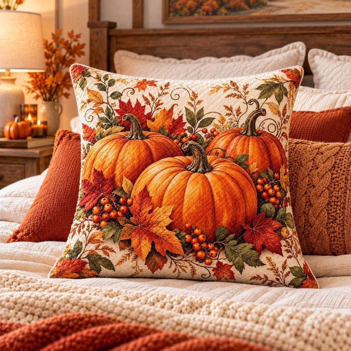 Autumn Pumpkin Quilted Throw Pillow, AI-generated styled room mockup