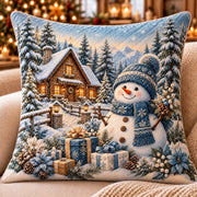 Blue Snowman and Cabin Quilted Throw Pillow, AI-generated front mockup