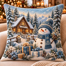 Blue Snowman and Cabin Quilted Throw Pillow, Winter Christmas Decor, Gift for Snowman Lovers