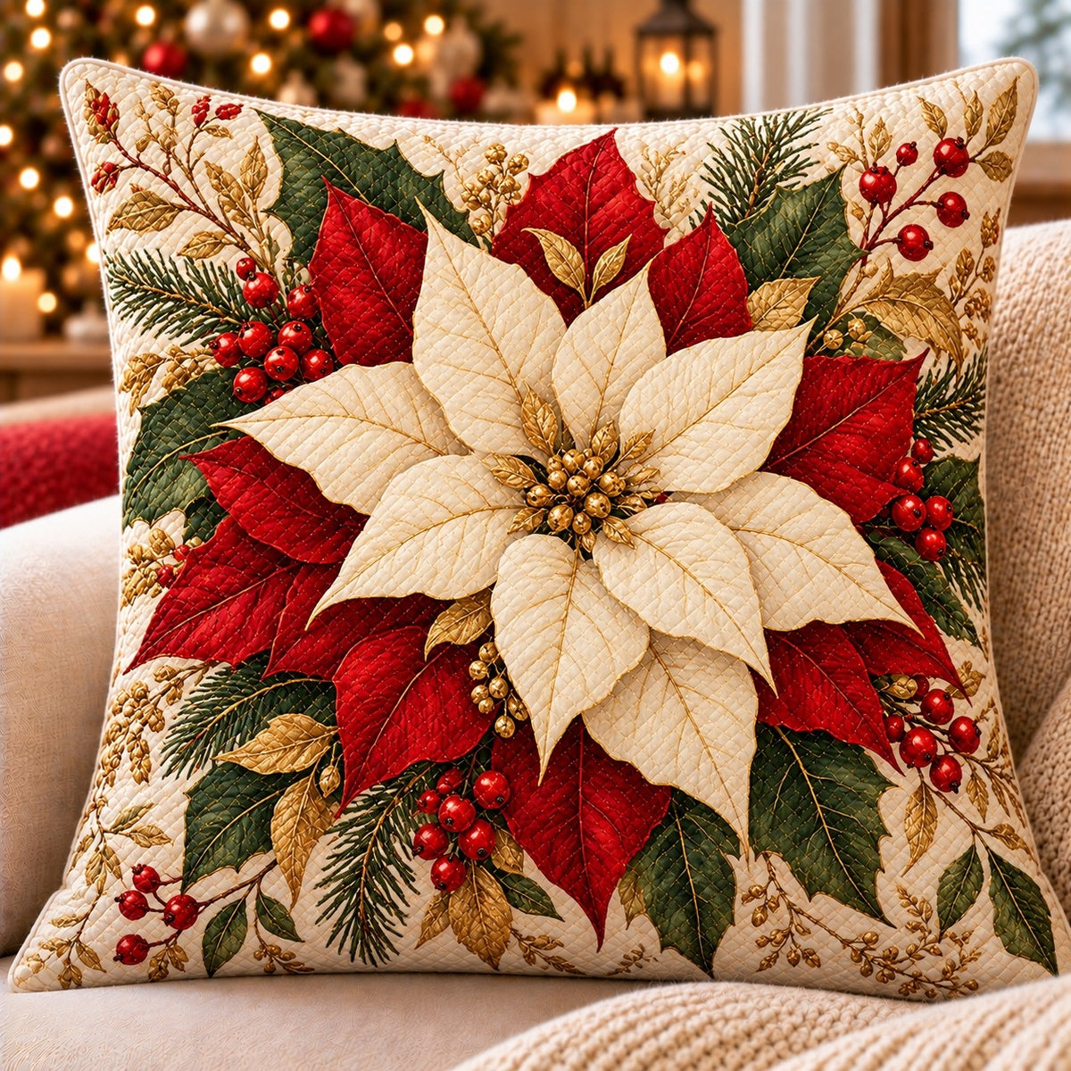 White Poinsettia Quilted Throw Pillow, AI-generated front mockup