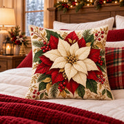 White Poinsettia Quilted Throw Pillow, AI-generated styled room mockup