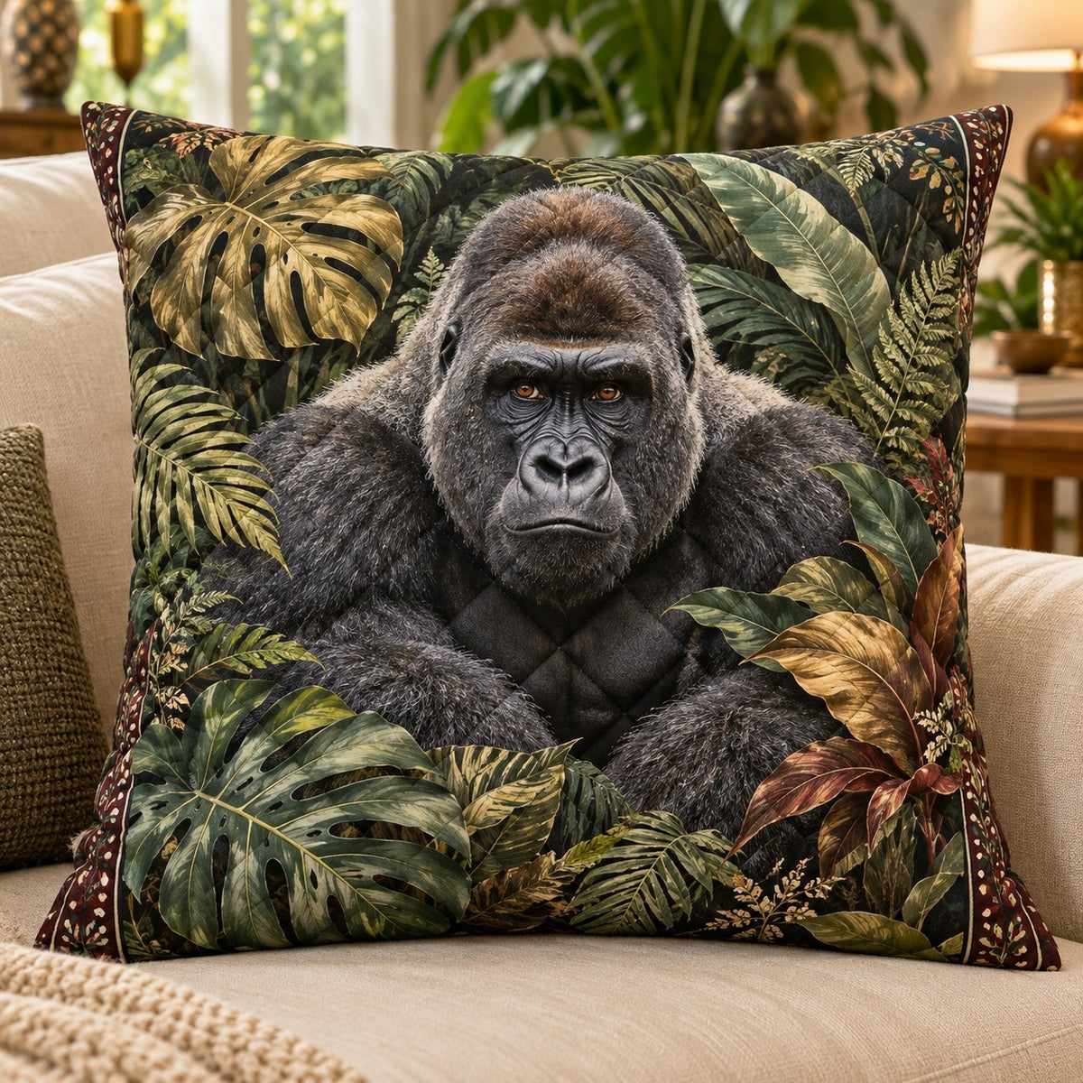 Gorilla Quilted Throw Pillow, AI-generated front mockup