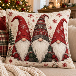 Christmas Gnomes Quilted Throw Pillow, Red Nordic Holiday Decor, Gift for Gnome Lovers