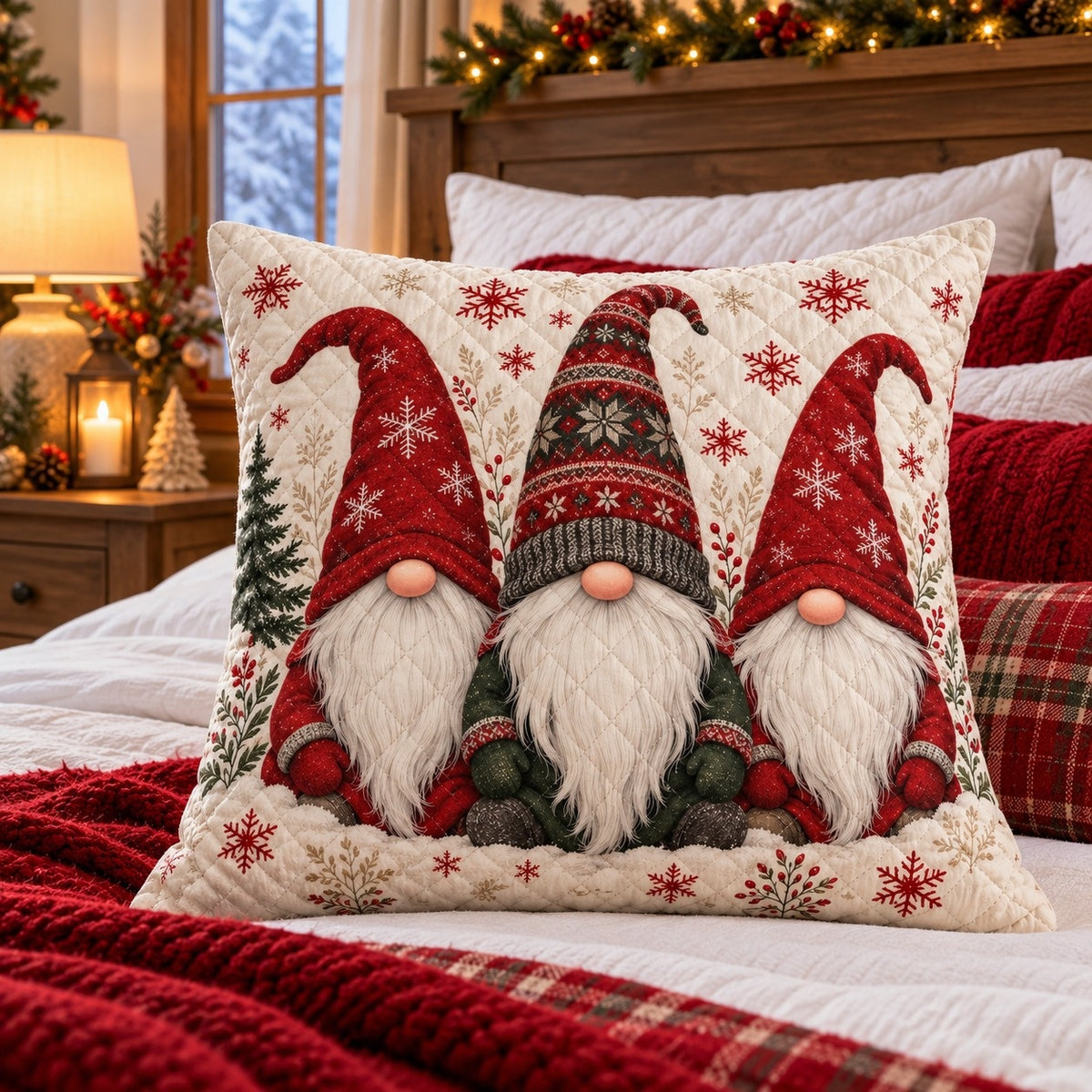 Christmas Gnomes Quilted Throw Pillow, AI-generated styled room mockup
