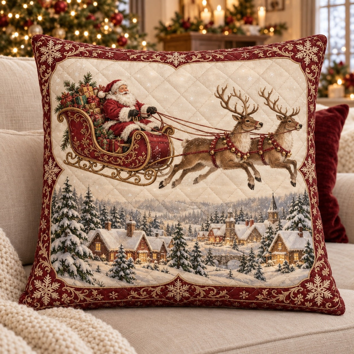 Santa Sleigh and Reindeer Quilted Throw Pillow, AI-generated front mockup
