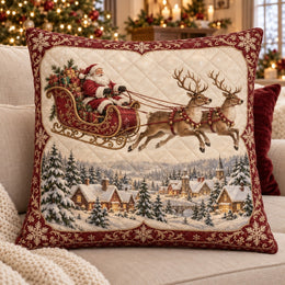 Santa Sleigh and Reindeer Quilted Throw Pillow, Christmas Village Decor, Holiday Gift