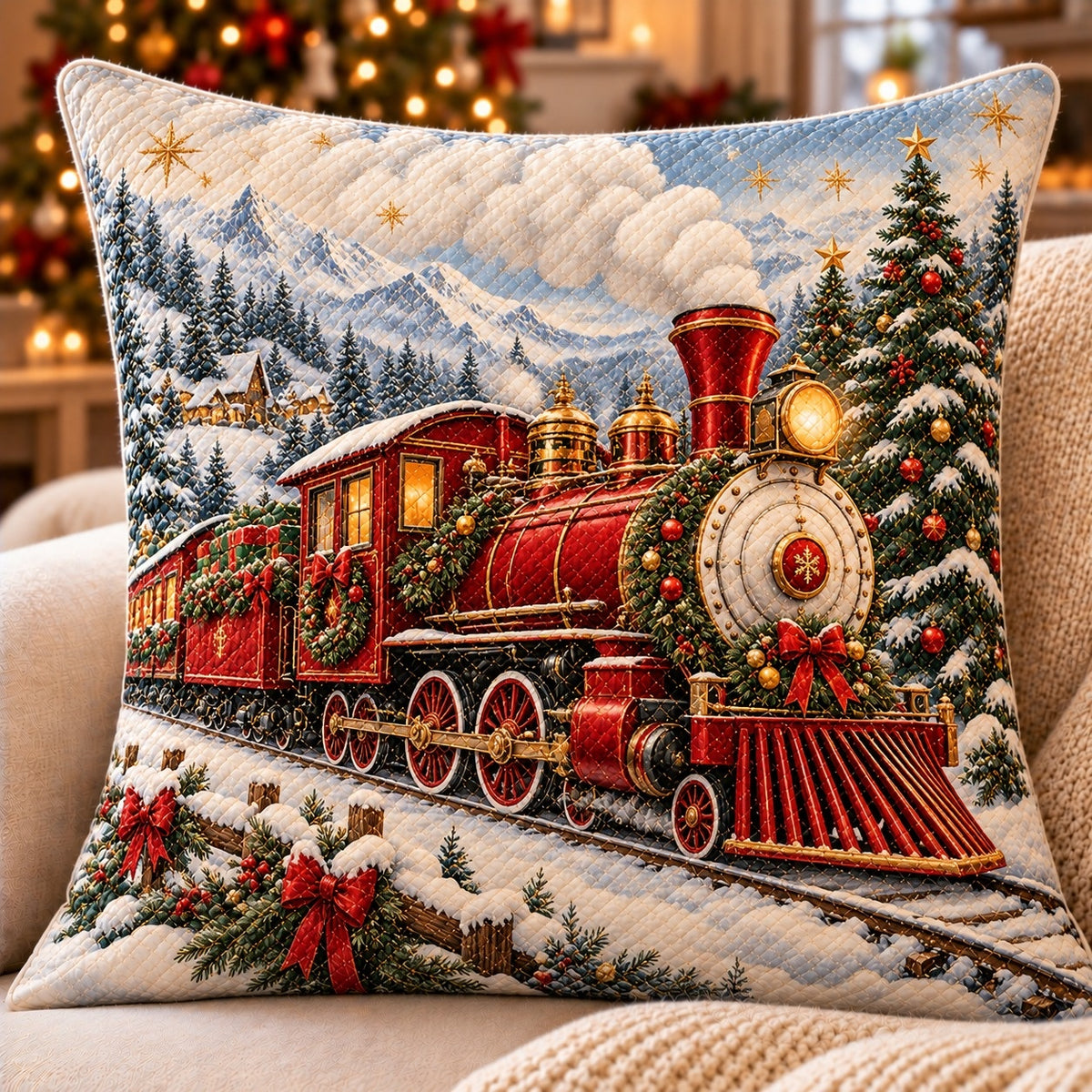 Christmas Steam Train Quilted Throw Pillow, AI-generated front mockup