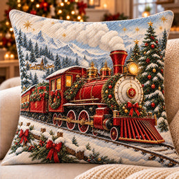 Christmas Steam Train Quilted Throw Pillow, Snowy Railway Decor, Gift for Train Lovers