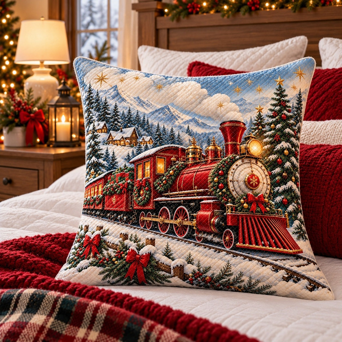 Christmas Steam Train Quilted Throw Pillow, AI-generated styled room mockup