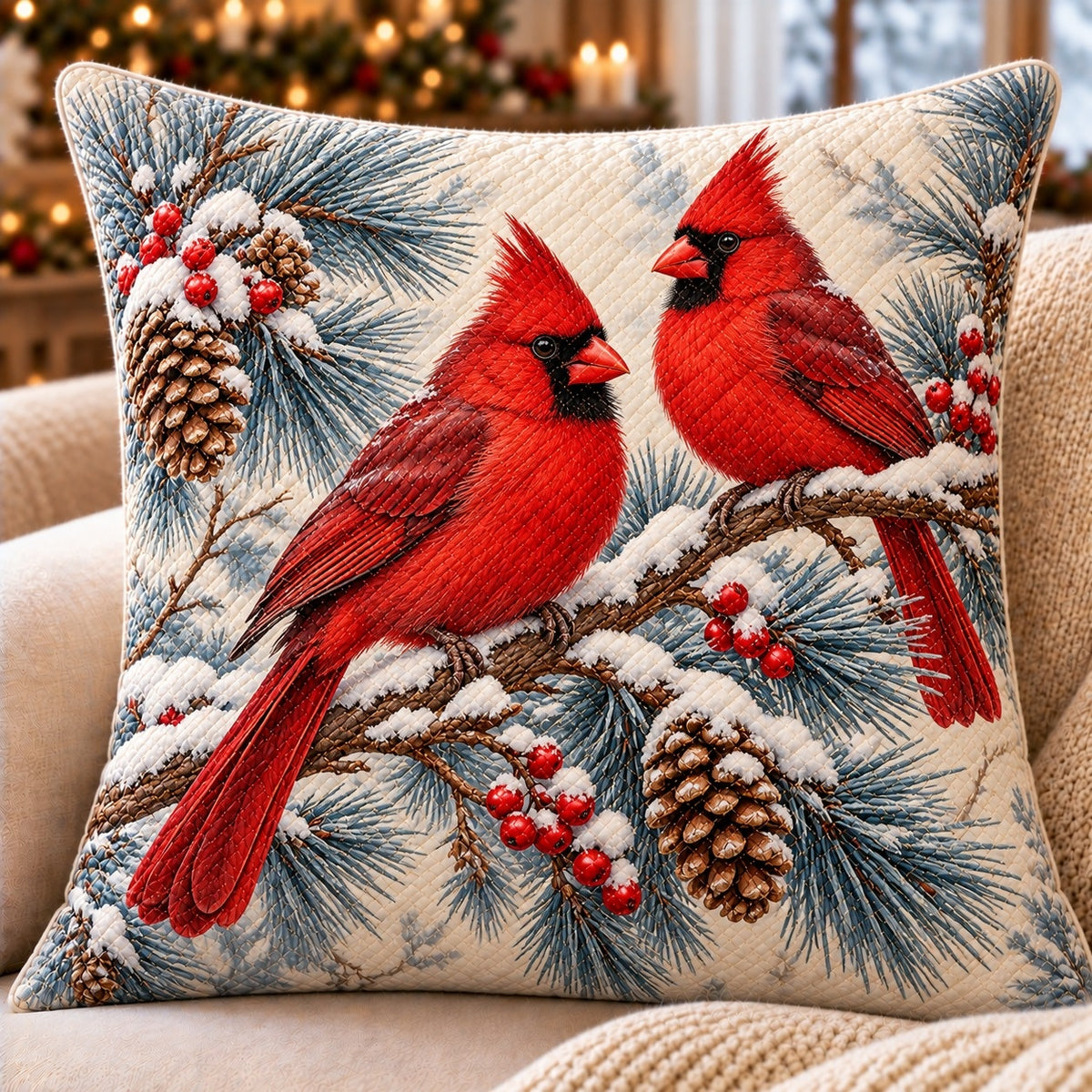 Red Cardinal Pair Quilted Throw Pillow, AI-generated front mockup