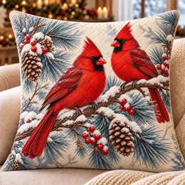 Red Cardinal Pair Quilted Throw Pillow, Winter Bird Decor, Gift for Cardinal Lovers