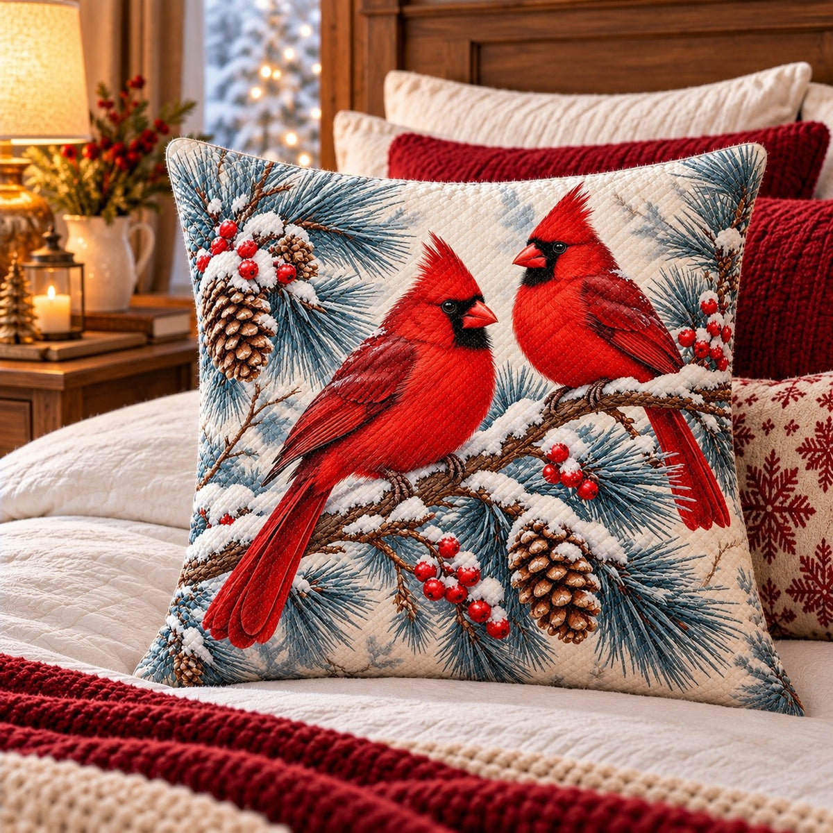 Red Cardinal Pair Quilted Throw Pillow, AI-generated styled room mockup