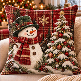 Snowman and Christmas Tree Quilted Throw Pillow, Red Plaid Decor, Gift for Snowman Lovers