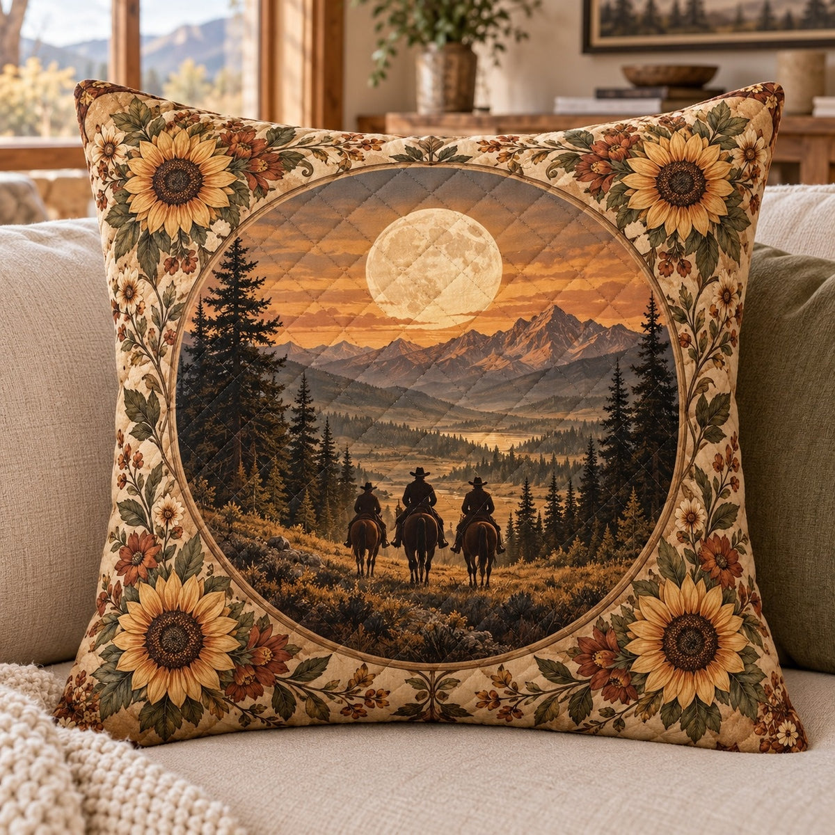 Western Cowboy Sunset Quilted Throw Pillow, AI-generated front mockup
