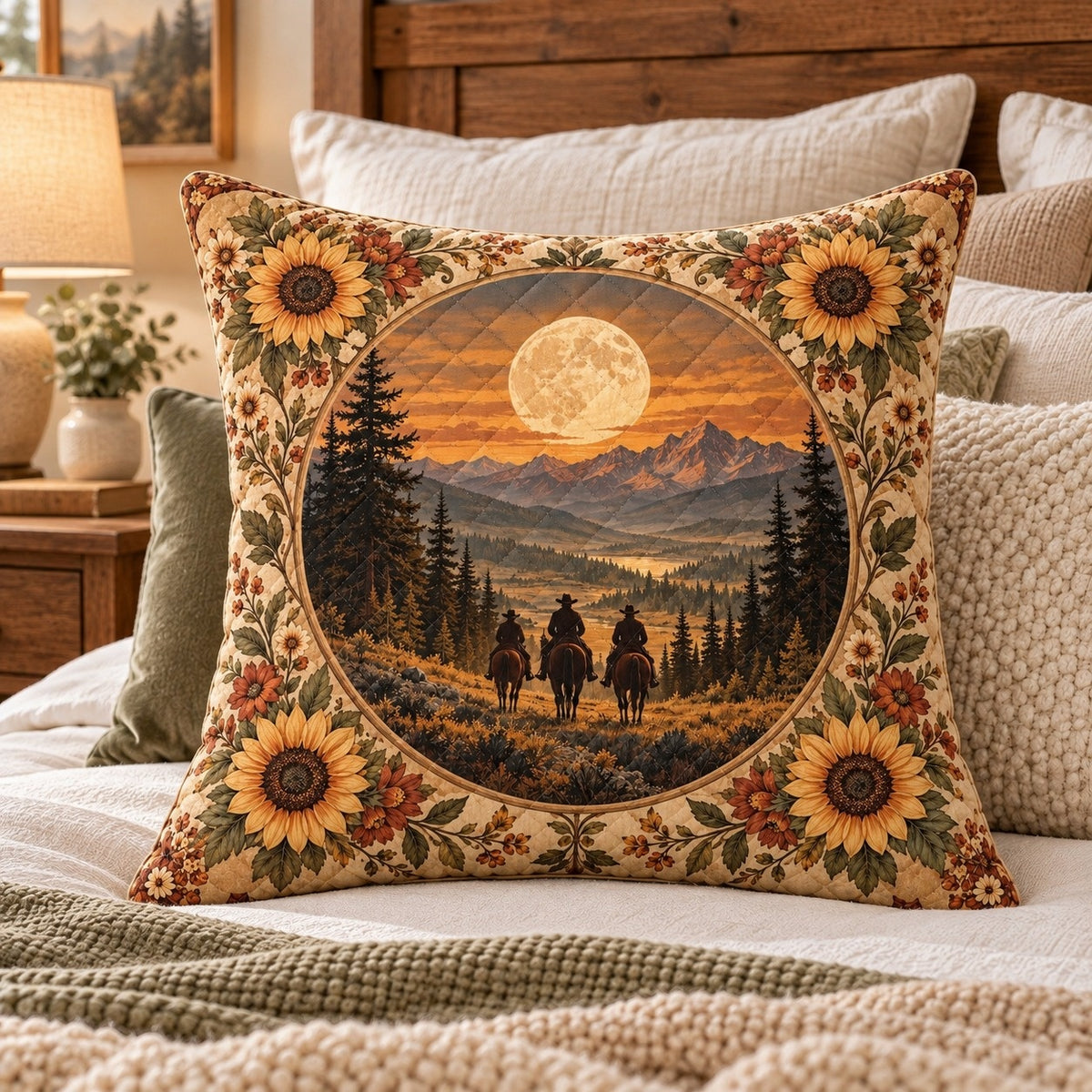 Western Cowboy Sunset Quilted Throw Pillow, AI-generated styled room mockup