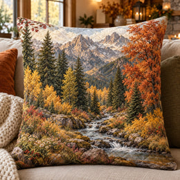 Autumn Mountain Stream Quilted Throw Pillow, Scenic Forest Decor, Gift for Nature Lovers