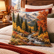 Autumn Mountain Stream Quilted Throw Pillow, AI-generated styled room mockup