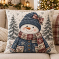 Blue Hat Snowman Quilted Throw Pillow, Rustic Winter Decor, Gift for Snowman Lovers