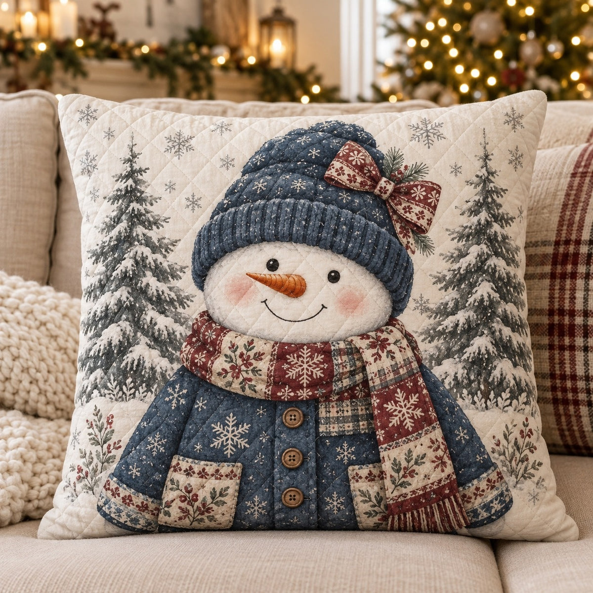 Blue Hat Snowman Quilted Throw Pillow, AI-generated front mockup