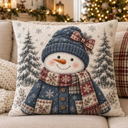 Blue Hat Snowman Quilted Throw Pillow, Rustic Winter Decor, Gift for Snowman Lovers