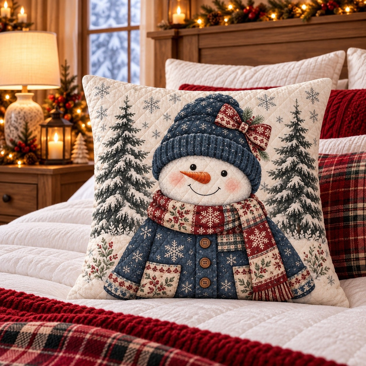 Blue Hat Snowman Quilted Throw Pillow, AI-generated styled room mockup