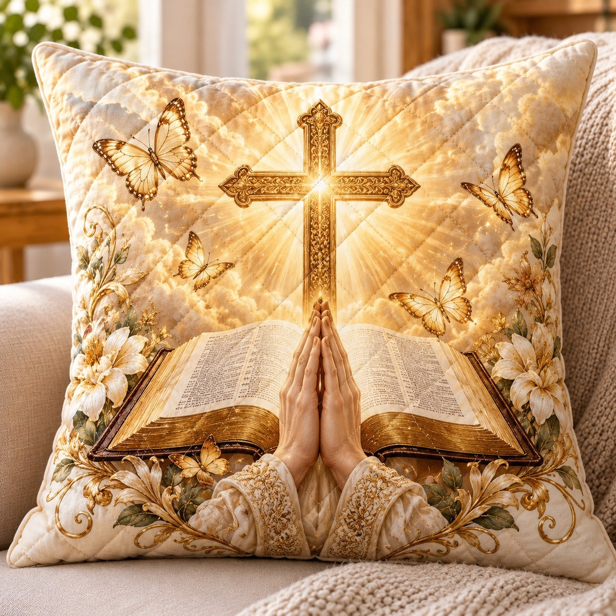 Christian Cross and Bible Quilted Throw Pillow, AI-generated front mockup