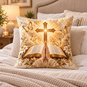 Christian Cross and Bible Quilted Throw Pillow, AI-generated styled room mockup
