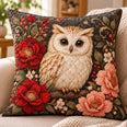 Owl and Flowers Quilted Throw Pillow, Woodland Floral Decor, Gift for Owl Lovers