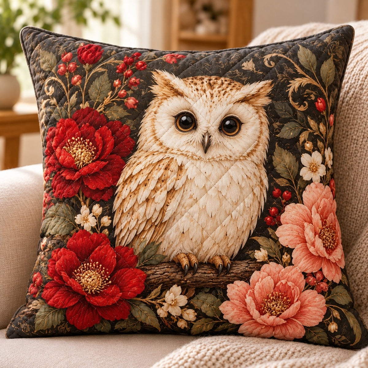 Owl and Flowers Quilted Throw Pillow, AI-generated front mockup