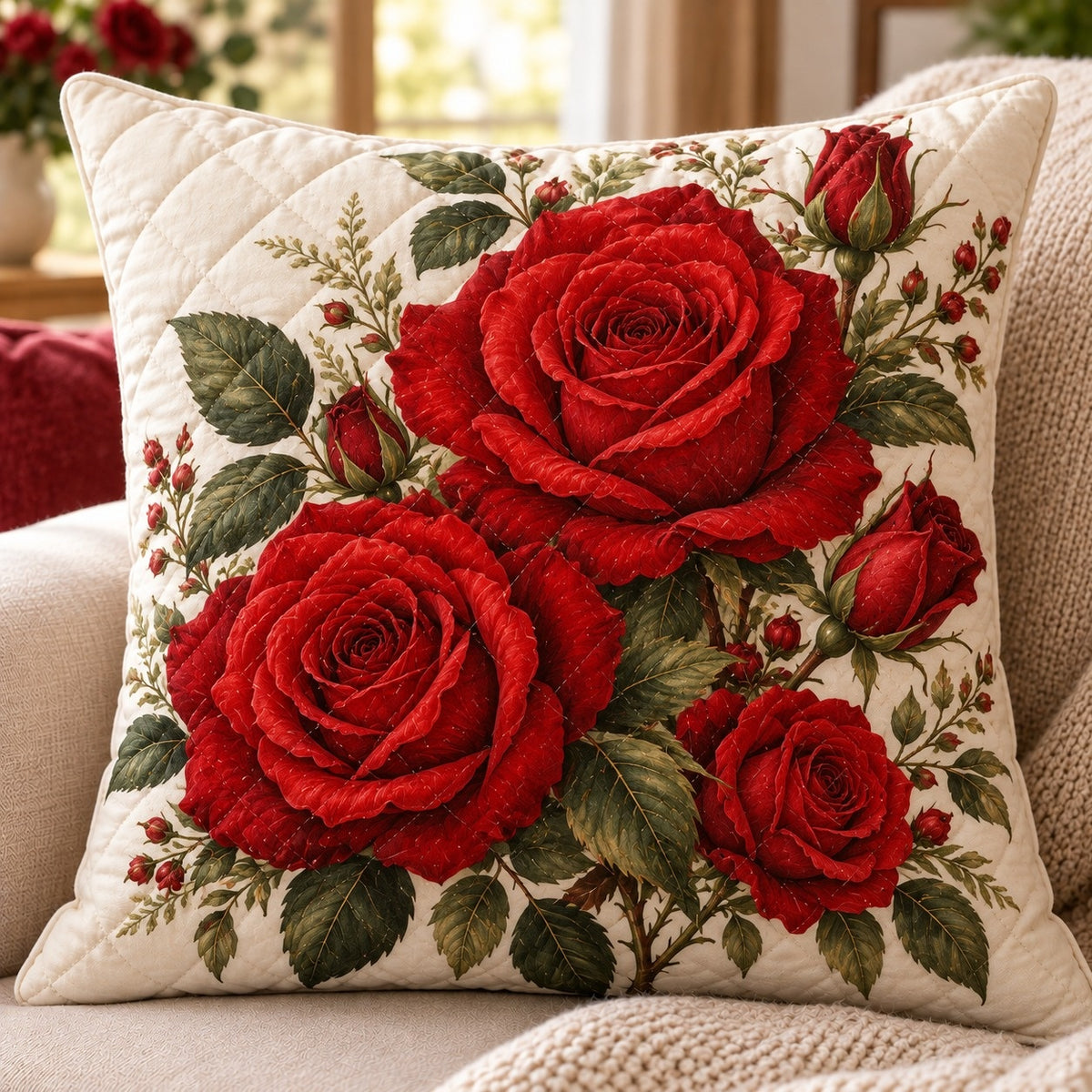Red Rose Quilted Throw Pillow, AI-generated front mockup