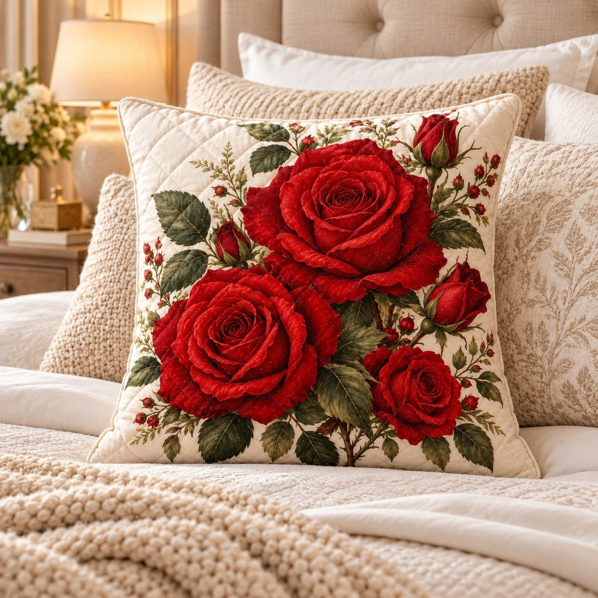 Red Rose Quilted Throw Pillow, AI-generated styled room mockup