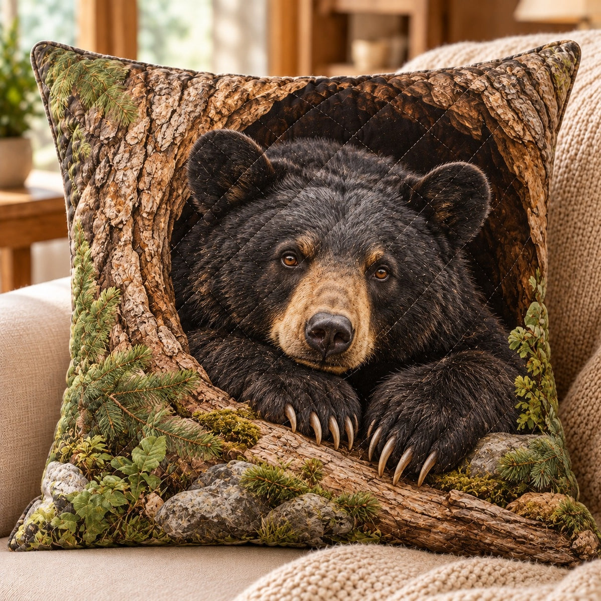 Black Bear Quilted Throw Pillow, AI-generated front mockup