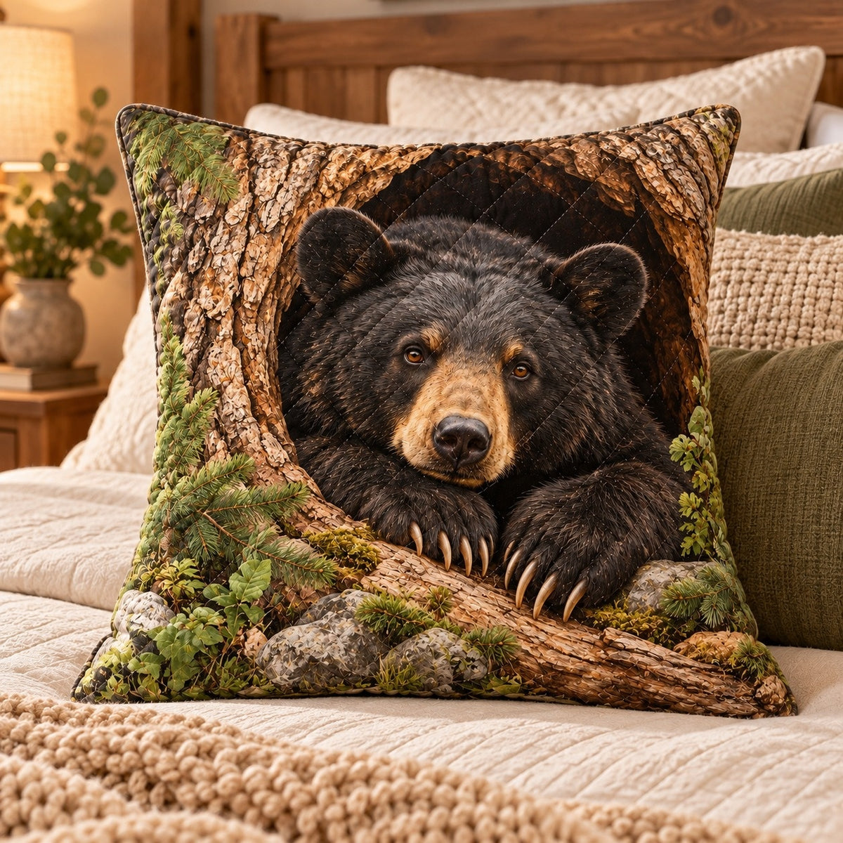 Black Bear Quilted Throw Pillow, AI-generated styled room mockup